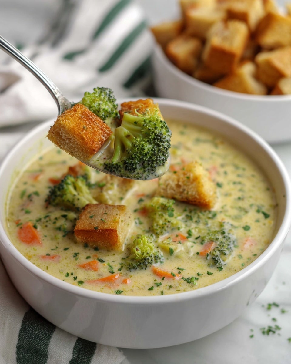 A white bowl filled with creamy broccoli soup showing small chunks of bright green broccoli and thin slices of orange carrot throughout the light creamy base, topped with a layer of golden-brown croutons sprinkled with small green herbs; a silver spoon lifts a portion of the soup filled with broccoli and carrot pieces; in the background, a white bowl with more croutons is visible, all set on a white marbled surface with a white cloth featuring green stripes. Photo taken with an iphone --ar 4:5 --v 7