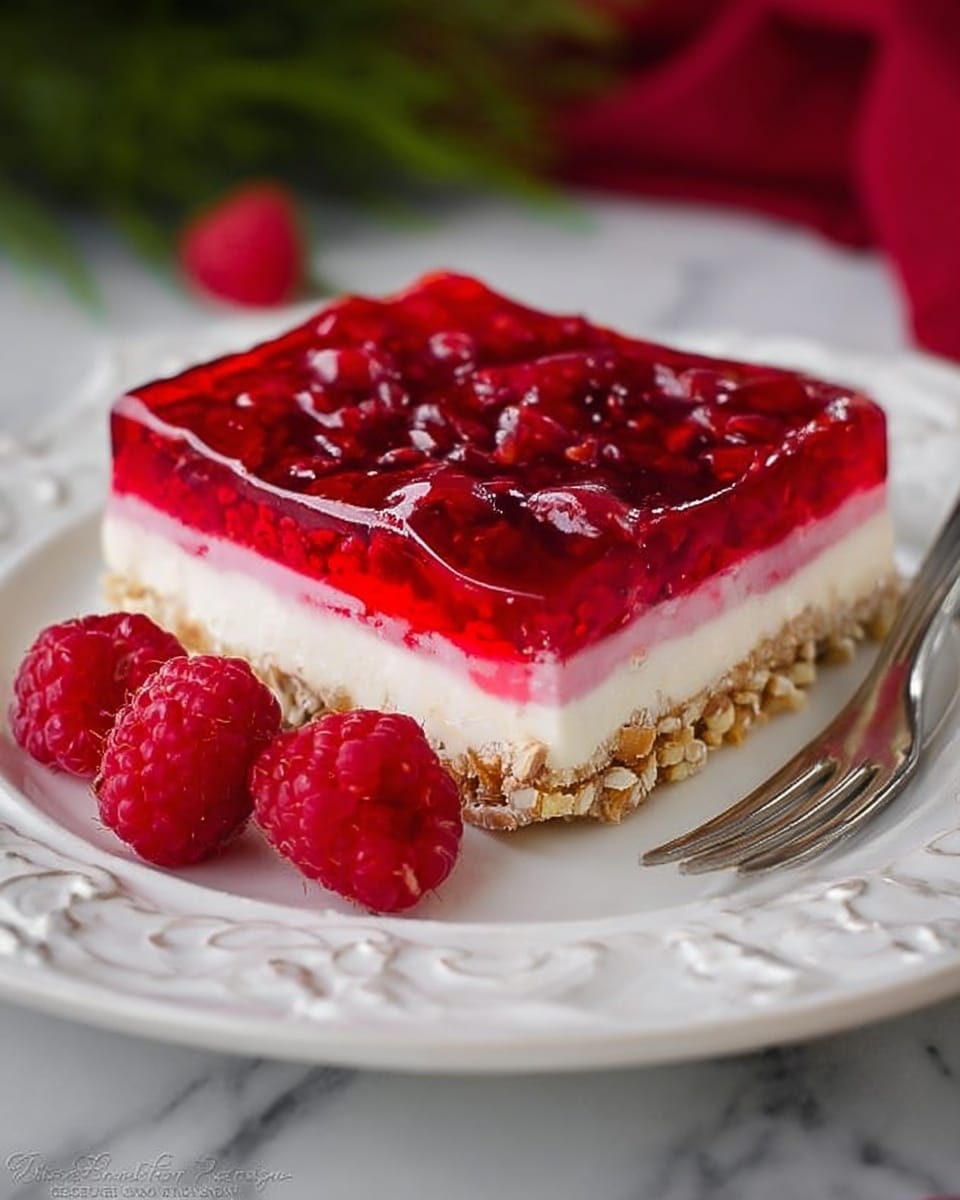 A square piece of dessert with three clear layers sits on a white plate with intricate designs. The bottom layer is a crunchy, light brown base made from nuts and crumbs. The middle layer is thick and creamy white, smooth in texture. The top layer is a shiny, bright red jelly filled with whole raspberries, giving it a translucent look. Several fresh raspberries are placed around the dessert on the plate. A silver fork is positioned near the dessert on the right side. The background is a white marbled surface with some red cloth and blurred green elements behind. Photo taken with an iphone --ar 4:5 --v 7