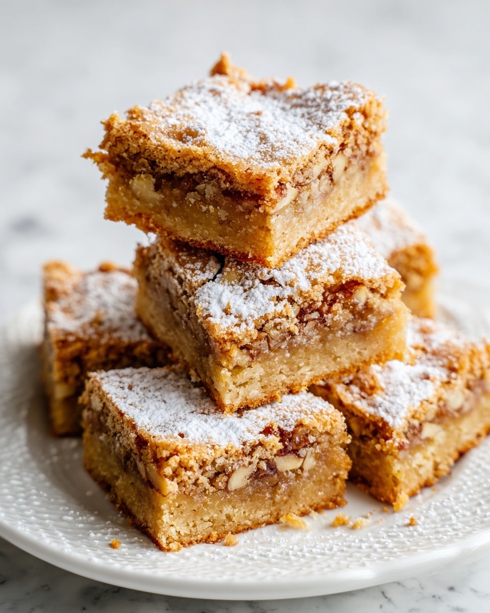 A close-up view of five square pieces of nutty blondies stacked on a white plate with a textured pattern, each blondie showing a golden-brown crust with a moist, dense inside speckled with chopped nuts. The top layer has a light dusting of powdered sugar, creating a soft, snowy effect on the uneven crust. The background surface is a white marbled texture, brightly lit to highlight the crumbly and slightly crackled top of the blondies. photo taken with an iphone --ar 4:5 --v 7