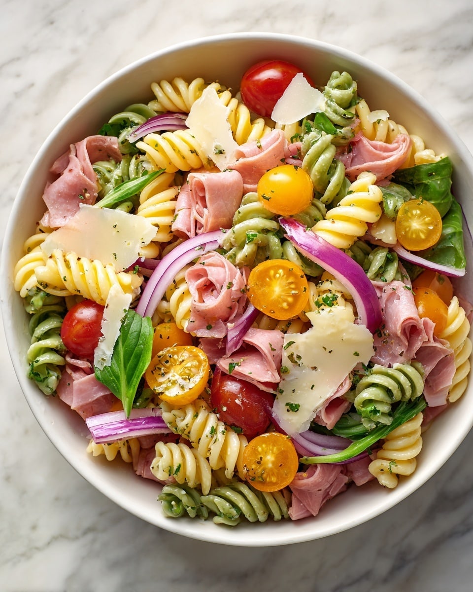 A close-up view of a pasta salad with three twirl-shaped pasta layers in pale yellow, green, and orange. There are light pink pieces of deli meat, thin slices of purple onion, and small bright yellow pepper pieces scattered throughout. Cherry tomato halves add a splash of red, and pale yellow cheese slices are mixed in. The salad looks creamy, with some dried herbs sprinkled on top, all arranged in a white bowl on a white marbled surface. Photo taken with an iphone --ar 4:5 --v 7