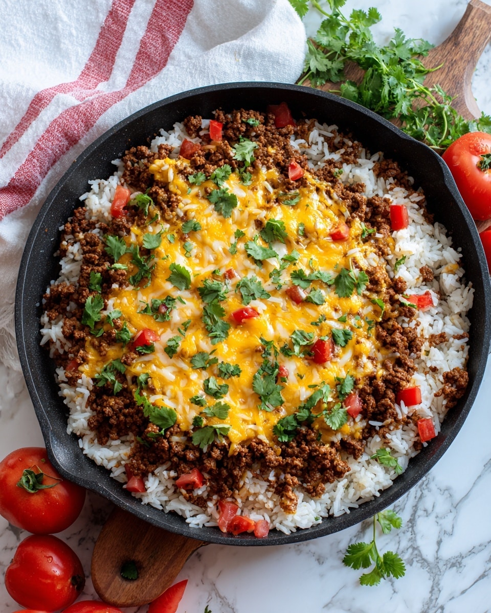 The image shows a black pan filled with a layered beef and rice dish. The bottom layer is a mix of cooked white rice and small pieces of red tomatoes. On top of this is a thick layer of browned ground beef mixed throughout, covering most of the dish. Melted yellow and white cheese is scattered over the ground beef, slightly melted and blending with it. Fresh green cilantro leaves are sprinkled over the whole dish, adding a pop of color. The pan rests on a white marbled surface with wooden boards, some fresh tomatoes, and green herbs nearby. A white cloth with red stripes is also partly visible. photo taken with an iphone --ar 4:5 --v 7