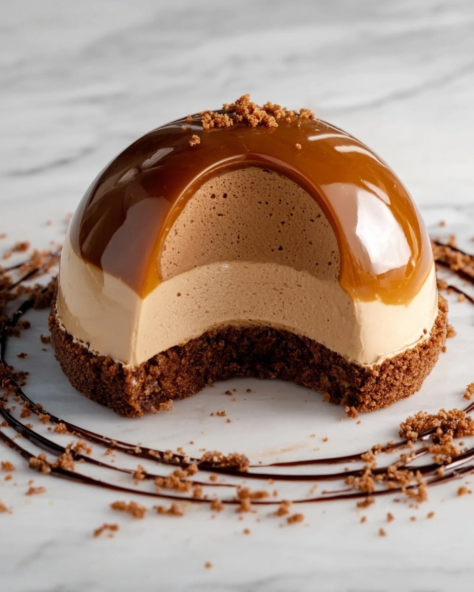 The image shows a glossy dome-shaped dessert with three visible layers, sitting directly on a white marbled surface. The bottom layer is a dark brown, crumbly textured crust. Above it, the middle layer is a light brown, creamy mousse with a smooth and airy texture. The top layer is a shiny caramel-colored glaze that covers the dome except for a cutout section revealing the mousse inside. The dessert is surrounded by a ring of dark chocolate sauce with small brown crumbs scattered around it, adding contrast and decoration. Photo taken with an iphone --ar 4:5 --v 7
