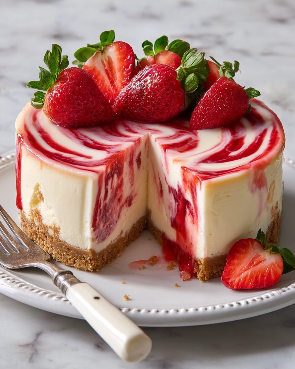 A white plate holds a round cheesecake with three main layers: a crumbly brown crust at the bottom, a thick creamy white cheesecake layer in the middle, and a smooth swirl of red strawberry sauce mixed with white cream on top creating a marbled pattern. The top is decorated with whole and halved bright red strawberries with green leaves, and a few green leaves are arranged in the background on a white marbled surface. A silver fork rests at the edge of the plate. photo taken with an iphone --ar 4:5 --v 7