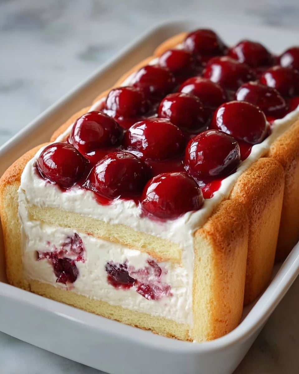 This dish is shown in a white rectangular baking dish with four main layers. The bottom layer is a light tan sponge cake with a soft texture. On top of that is a thick, fluffy white cream layer. Above the cream is a layer of bright red cherry jam with whole cherries sitting in the jam, giving a glossy look. The top layer frames the dish with golden-brown ladyfinger biscuits standing upright around the edge, their smooth, slightly grainy texture visible. The dish is placed on a white marbled surface. Photo taken with an iphone --ar 4:5 --v 7