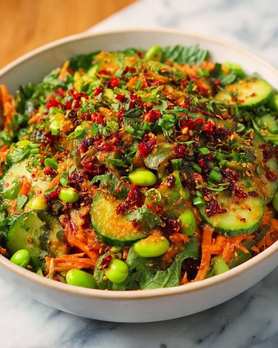 A white bowl full of fresh salad layered with vibrant green cucumber slices and leafy herbs, mixed with shredded orange carrots, light green edamame beans, and thin red chili strips. On top, there is a layer of dark red chili oil and seeds, adding a glossy texture and bright orange highlights. The salad looks moist with a mix of crunchy and soft textures, garnished with finely chopped green herbs scattered evenly. The bowl sits on a white marbled surface. photo taken with an iphone --ar 4:5 --v 7
