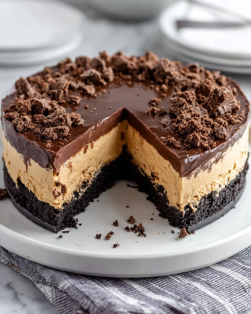 The image shows a round layered dessert on a white plate with a slice cut out, revealing three distinct layers. The bottom layer is dark and crumbly, almost black in color, resembling a cookie or chocolate crust. The middle layer is thick and creamy with a light tan or peanut butter color and smooth texture. The top layer is a shiny, solid dark chocolate ganache, scattered with clumps of crumbled chocolate pieces for texture. The dessert sits on a white marbled surface with a grey and white checked cloth beneath the plate. Photo taken with an iphone --ar 4:5 --v 7
