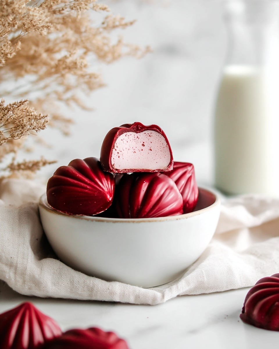 The image shows a white bowl filled with several dark red, ridged, teardrop-shaped candies or chocolates. One candy is cut in half and placed on top, revealing a fluffy light pink creamy middle layer and a light beige base layer inside the red outer shell. The bowl sits on a soft white cloth on a white marbled surface. There are additional candies scattered around the bowl, and a blurred bottle of milk is visible in the background. Some dried, beige-colored plants softly frame the left side of the image. Photo taken with an iphone --ar 4:5 --v 7