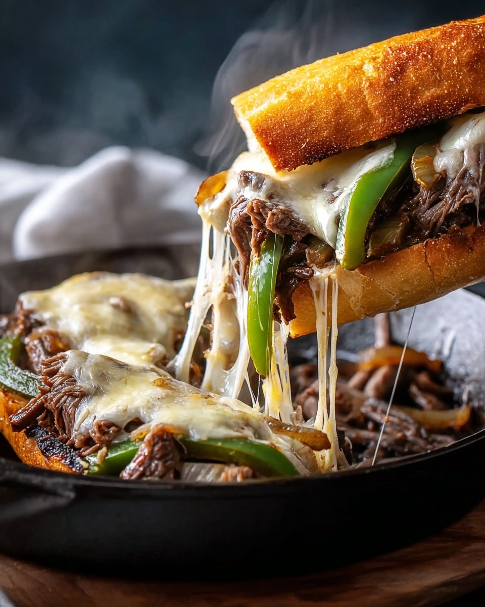 A close-up view of a toasted sandwich roll filled with layers of cooked sliced beef, bright green bell peppers, and caramelized onions, topped with melted white cheese that is stringy and stretching as the sandwich is lifted from a black cast iron pan filled with the same mixture of beef, peppers, onions, and melted cheese. The background has a soft, dark tone contrasting with the warm colors of the sandwich and its fillings, all placed on a white marbled texture. Steam rises from the hot food, adding a fresh and appetizing feel. Photo taken with an iphone --ar 4:5 --v 7