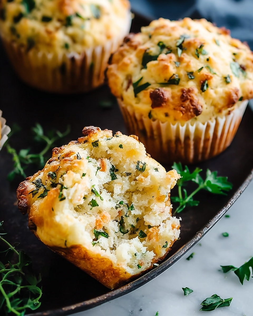Three savory muffins sit on a dark baking tray against a white marbled surface. Each muffin has a golden-brown top with bits of green herbs scattered on and inside them. The closest muffin is partially eaten, showing its soft, fluffy, pale yellow inside mixed with small chunks of orange and green ingredients. The muffins are wrapped in white paper liners with ridges. Some small herb leaves are scattered around the tray. photo taken with an iphone --ar 4:5 --v 7