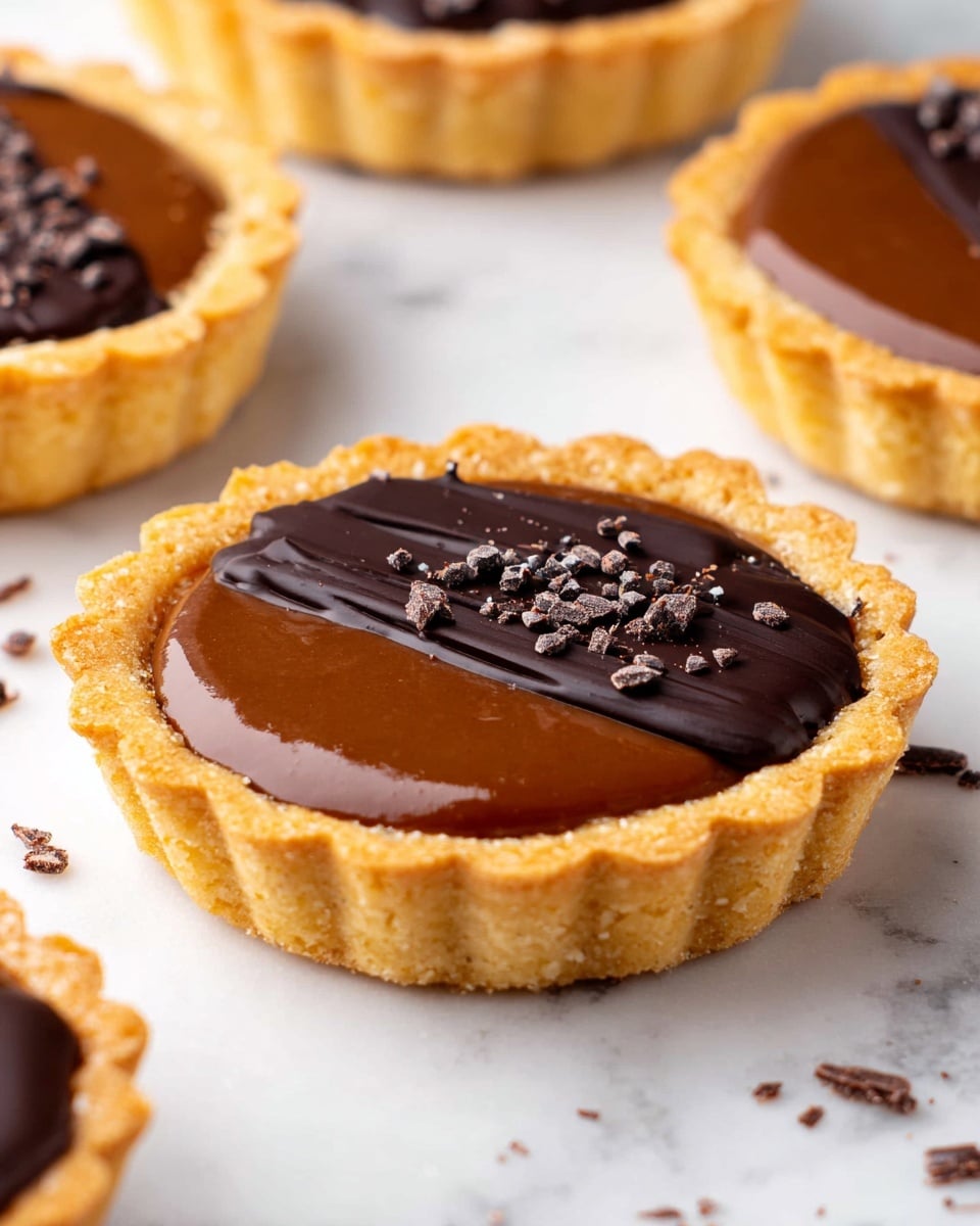The image shows small round tarts with a golden brown, crumbly crust that forms a scalloped edge. Each tart has a smooth, shiny chocolate filling that is dark brown in color. The tart in the center stands out with a slightly lighter, milk chocolate filling topped by a thick, glossy dark chocolate stripe across its middle, sprinkled with small dark chocolate bits. The tarts are placed on a white marbled surface, with small chocolate crumbs scattered around them. The overall look is neat and appetizing, highlighting different chocolate tones and textures. photo taken with an iphone --ar 4:5 --v 7