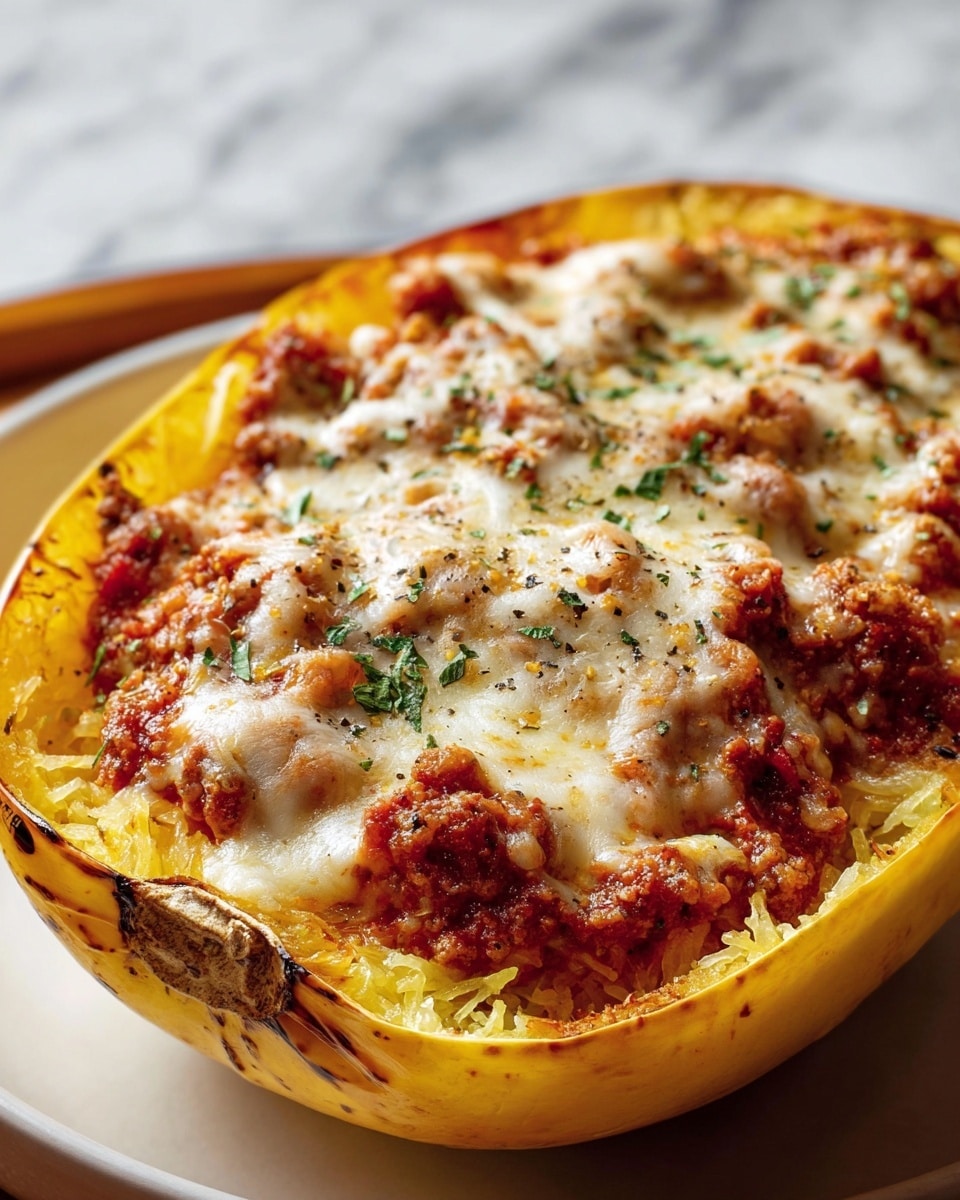 A white bowl holds a halved spaghetti squash with three visible layers: the outer yellow shell with roasted spots, a middle layer of yellow-orange cooked squash strands, and a top layer of chunky meat sauce that is deep red with bits of ground meat. Melted mozzarella cheese, golden and slightly browned in spots, covers the meat sauce generously, sprinkled with small green herb pieces and black pepper flakes. The yellow shell crisply frames the layers, and the dish sits on a white marbled surface with soft natural light highlighting the texture and colors. photo taken with an iphone --ar 4:5 --v 7