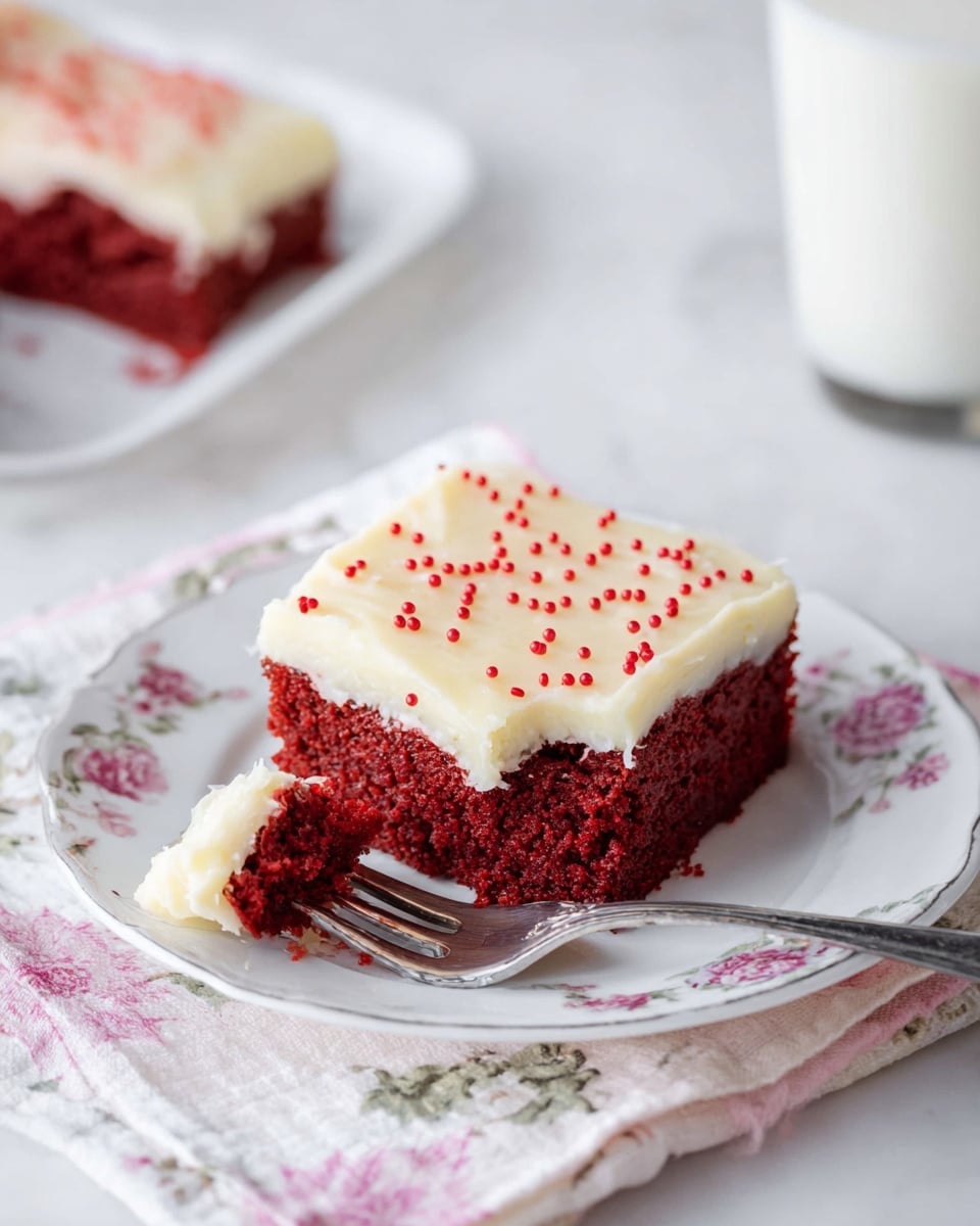 A square piece of bright red cake forms the bottom layer, moist and dense in texture. On top, there is a thick, smooth layer of creamy, pale off-white frosting spread evenly. The frosting is sprinkled with small, round, red candy beads scattered across the top. The cake is placed on a white ceramic plate with delicate floral patterns. Nearby, a fork holds a small bite of the cake, showing the contrast between the red cake and the light frosting. The setting is on a white marbled surface with a slightly blurred glass of milk in the background. photo taken with an iphone --ar 4:5 --v 7
