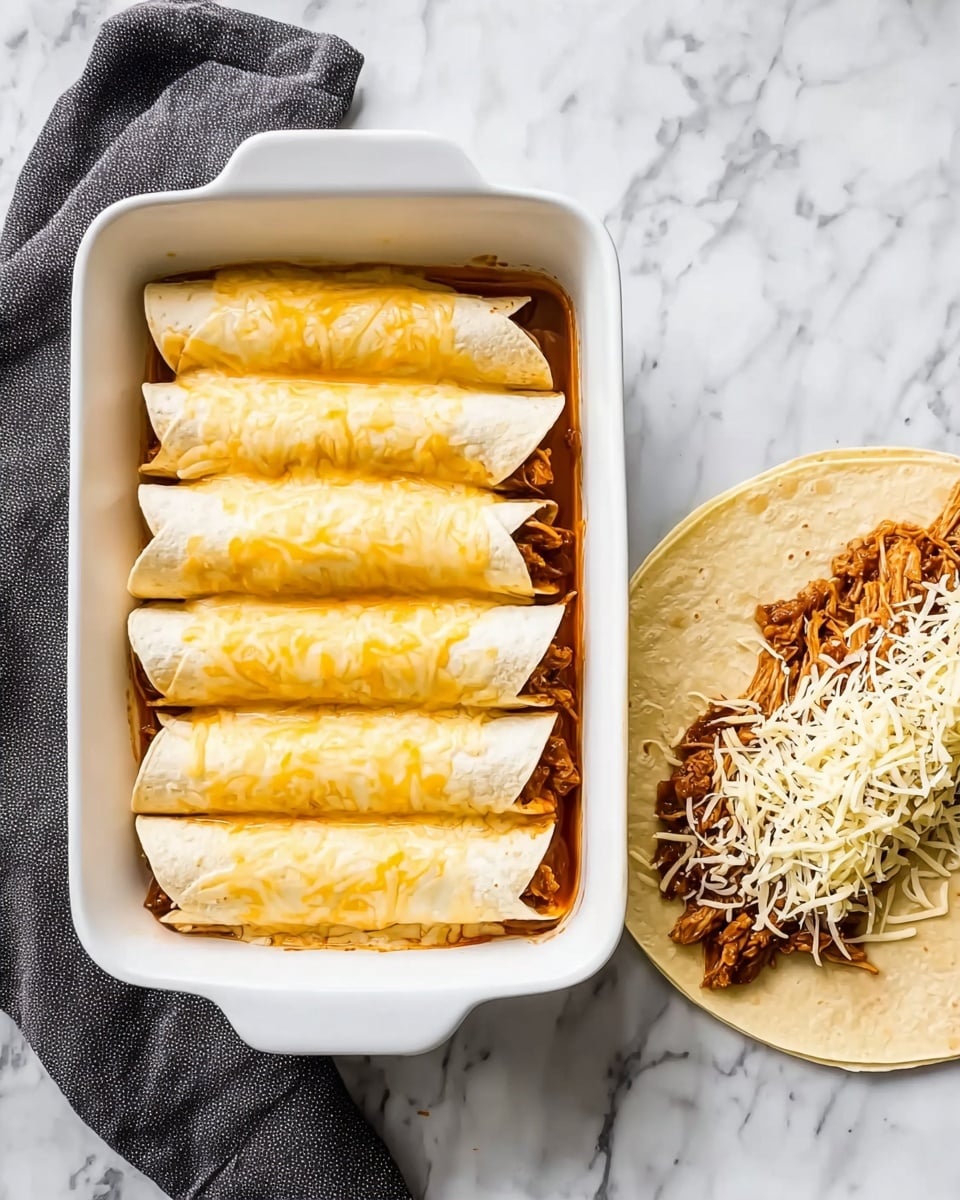 A white rectangular baking dish on a white marbled surface holds six rolled enchiladas. The enchiladas have a pale yellow tortilla layer on the outside with a smooth and slightly browned melted cheese layer on top. Next to the dish, on the right, there is an unrolled tortilla on the white marbled background, topped with two layers: a base layer of shredded cheese in white and pale yellow shades, and a second layer of shredded cooked meat in a rich brown color placed in the center. A dark gray cloth is partially under the baking dish. Photo taken with an iphone --ar 4:5 --v 7