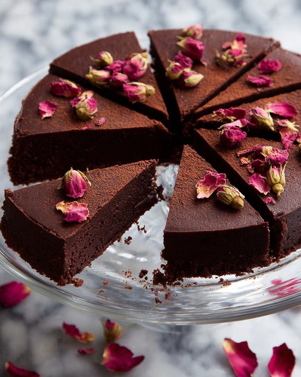 A dark chocolate cake cut into eight slices on a clear glass cake stand, each slice topped with dried pink and yellow rose petals. The cake has a smooth, rich, dark brown top layer with a slightly matte texture, and a dense, moist inner layer of dark chocolate color. The glass cake stand is placed on a white marbled surface, with a couple of scattered rose petals around it. One slice is slightly lifted, showing the clean cut and thickness of the cake. Photo taken with an iphone --ar 4:5 --v 7