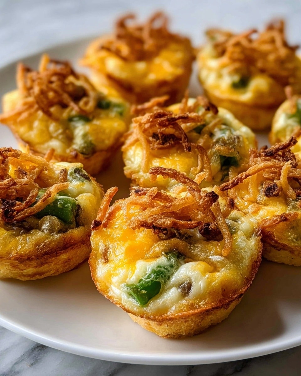 The image shows mini baked egg muffins arranged closely on a white plate. Each muffin has a golden-brown outer crust with a soft, creamy inside filled with visible green pieces that look like chopped vegetables, possibly green bell peppers or green beans. The top layer is melted yellow cheese that glistens lightly and melted white cheese beneath it. On top of each muffin are crispy, browned thin fried potato strings adding texture and contrast. The muffins are placed on a white marbled surface, giving a clean and bright background. Photo taken with an iphone --ar 4:5 --v 7