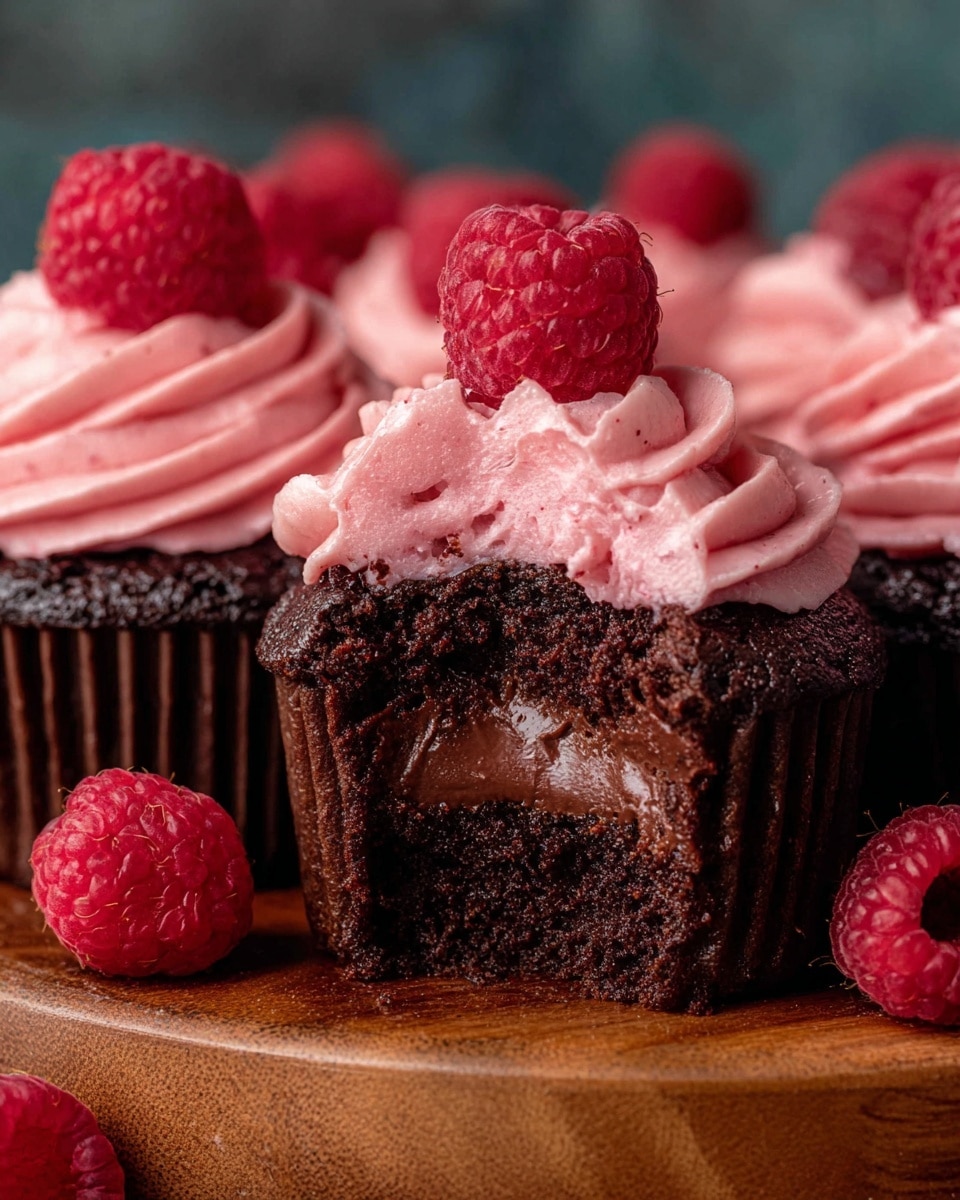 The image shows rich chocolate cupcakes with three layers: the bottom layer is dark, moist chocolate cake; the middle layer is a smooth, shiny dark chocolate filling hidden inside the cake; the top layer is thick, creamy raspberry pink frosting piped in swirls with a fresh bright red raspberry placed on top of each cupcake. The cupcakes are arranged on a wooden round board with some loose raspberries around them. The texture contrasts between the soft cake, glossy filling, and fluffy frosting are visible. photo taken with an iphone --ar 4:5 --v 7