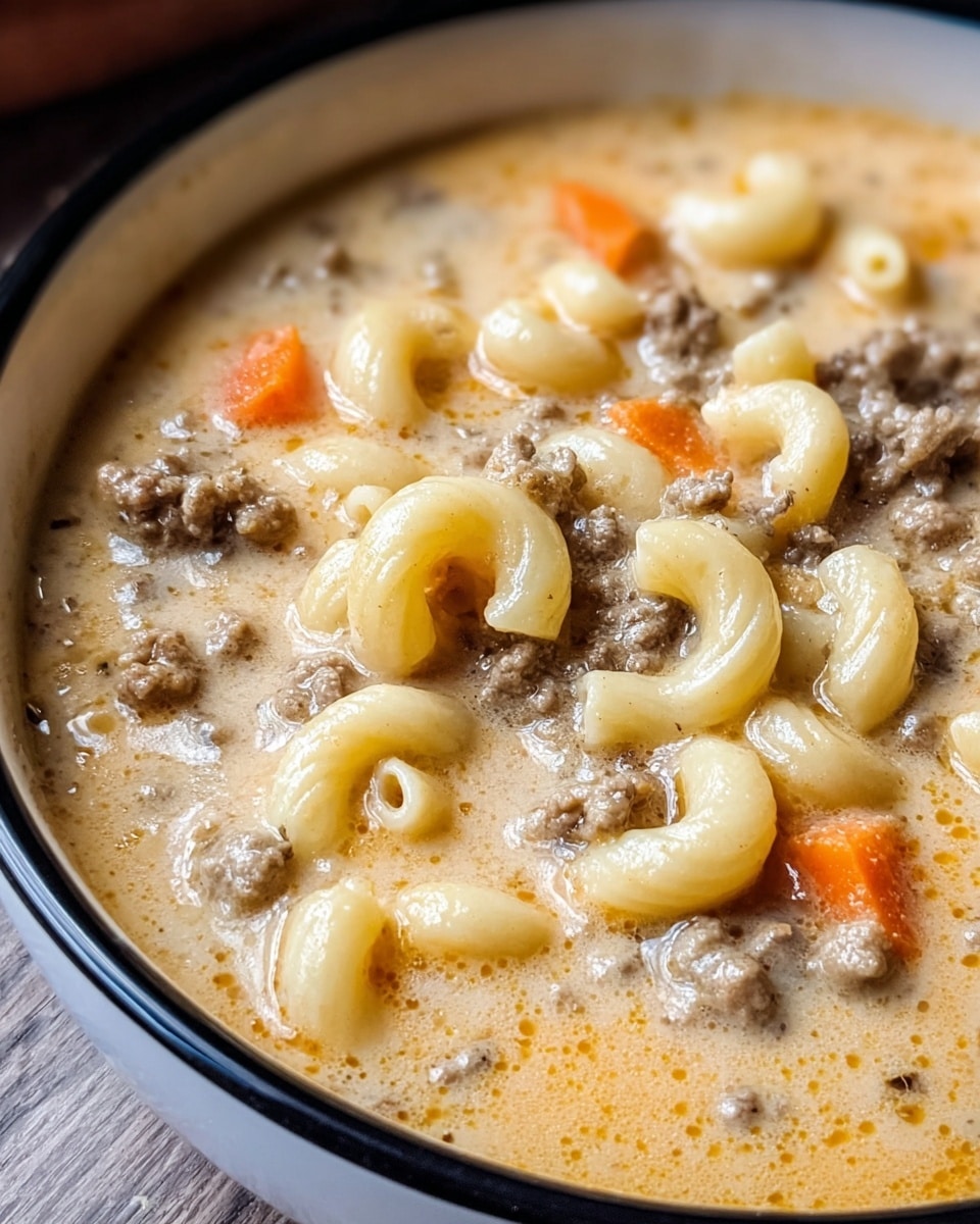 A close-up view of a single-layer creamy soup served in a white bowl with a black rim, placed on a white marbled textured table. The soup has a thick, smooth beige base with small bits of cooked ground beef scattered throughout, along with soft, curved elbow macaroni pieces that are light yellow. There are also small chunks of tender orange carrots mixed in, creating a comforting and hearty look. The creamy texture is slightly shiny, showing a rich and warm meal. photo taken with an iphone --ar 4:5 --v 7