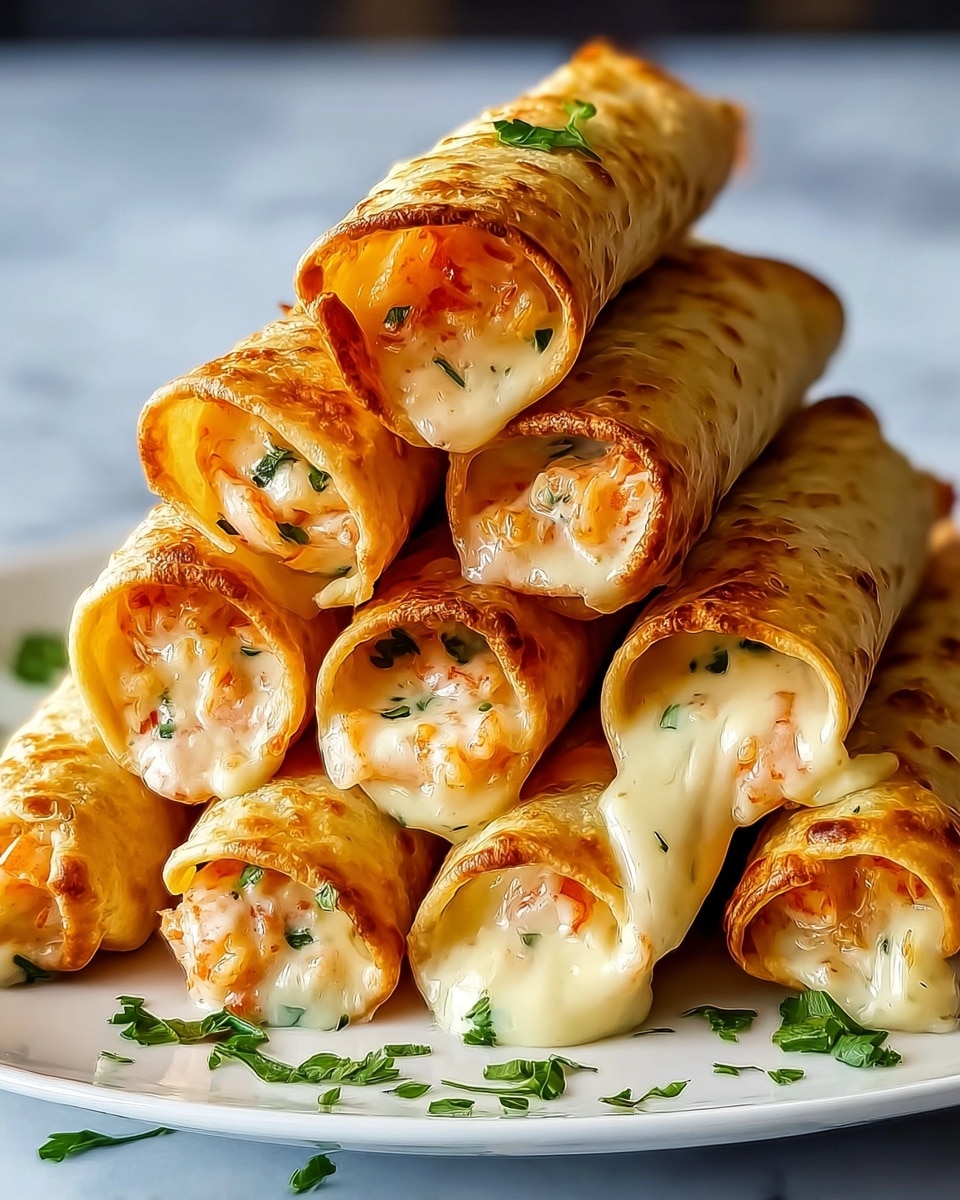 A stack of six golden-brown crispy rolled taquitos filled with a creamy mixture of melted cheese, small orange shrimp pieces, and green herbs. The taquitos are arranged in a pyramid shape on a white plate with a few green herb leaves scattered around. The crispy outer layer is flaky with slight browning. Some creamy filling oozes out from the open ends, showing smooth, white cheese with visible shrimp and green bits. The entire scene is set on a white marbled texture background. Photo taken with an iphone --ar 4:5 --v 7