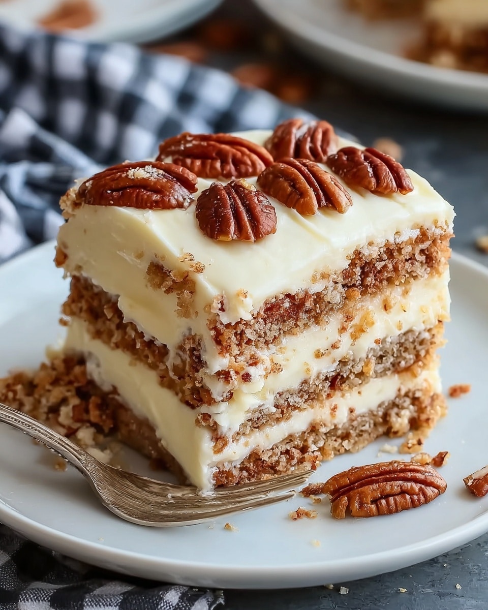 A four-layer dessert square sits on a white plate with a silver fork beside it. The bottom layer is a crumbly brown base, topped by a creamy white layer with small bits mixed in. Above that is another thin creamy layer with pecans mixed inside, followed by a thick white creamy layer with a generous amount of whole pecans covering the top. The background surface is a white marbled texture with a red and white cloth partially visible. Photo taken with an iphone --ar 4:5 --v 7