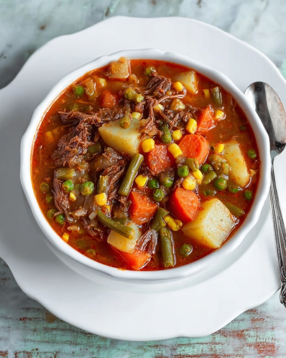 A white bowl filled with a chunky stew sits on a white plate with a silver spoon partly visible on the side. The stew contains layers of tender brown shredded beef, light brown potato chunks, bright orange carrot slices, green peas, green beans, and yellow corn kernels all mixed together in a thick reddish-brown broth. The white bowl has a simple, scalloped edge and the whole setup is placed on a white marbled surface. photo taken with an iphone --ar 4:5 --v 7