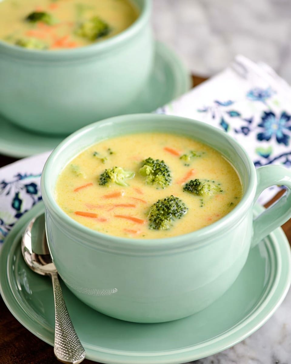 A close-up view of two pale mint green soup mugs filled with thick, creamy soup that has a light yellow color. The soup contains visible small broccoli florets with rich green heads and light green stalks, along with thin carrot strips in orange and bits of translucent onion, floating near the surface. The mug in the front rests on a matching pale mint green saucer and sits on a white marbled surface covered partially by a white cloth with blue and black floral patterns. A silver spoon with a round bowl and textured handle lies next to the mug. Another mug filled with the same soup is blurred in the background. photo taken with an iphone --ar 4:5 --v 7