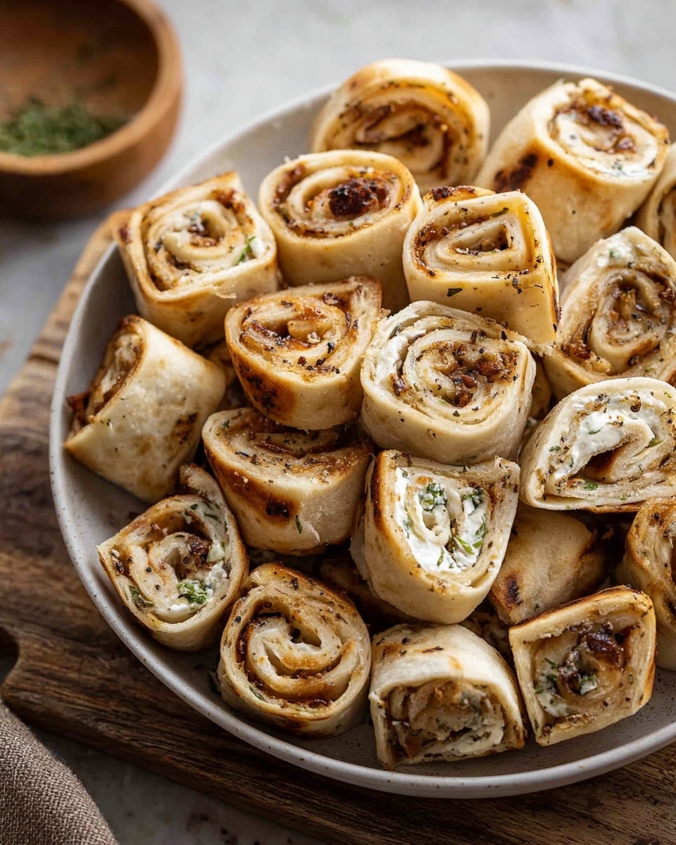 A white bowl is filled with many small, rolled pieces of flatbread that are browned and grilled on the outside with some black specks of seasoning visible. Each roll shows at least two layers of soft tan bread wrapped around a light filling that looks creamy and speckled with herbs. The rolls vary slightly in shape, some more cylindrical and others cut to show the spiral inside. The bowl sits on a white marbled surface with parts of the wooden table and a small wooden bowl slightly blurred in the background. photo taken with an iphone --ar 4:5 --v 7