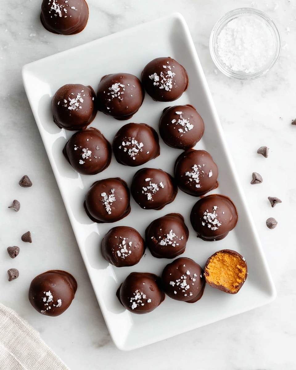 A white rectangular plate holds fifteen round chocolate truffles arranged in a 3 by 5 grid on a white marbled surface. Each truffle is covered in smooth, dark chocolate with a small pile of coarse white sea salt flakes on top. One truffle near the bottom right edge is cut open, showing an orange-colored soft filling inside. Nearby, there is one whole truffle on the surface outside the plate, and small chocolate chips scattered around the edges. Photo taken with an iphone --ar 4:5 --v 7