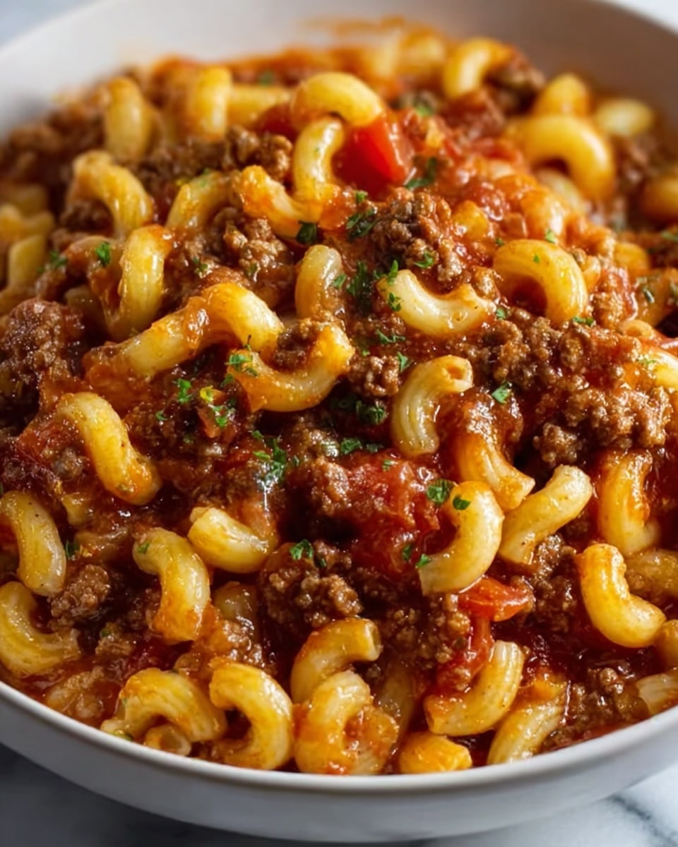 A white bowl filled with three main layers: the bottom layer is a golden-yellow cooked elbow macaroni with a smooth texture, the middle layer is a rich brown ground meat sauce mixed with small bits of red tomato, and the top layer is sprinkled with small green chopped herbs, adding a fresh contrast. The dish looks warm, with the sauce clinging to the pasta in a hearty way. The background is a white marbled texture. photo taken with an iphone --ar 4:5 --v 7