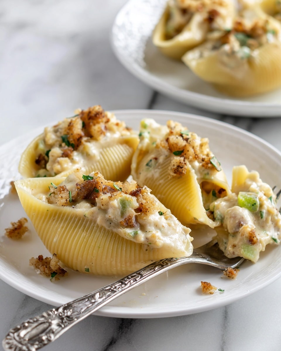 The image shows a white plate with three large stuffed pasta shells. Each shell is filled with a cream-colored mixture that looks soft and a bit chunky, topped with small browned bread crumb pieces and bits of green herbs. The pasta shells are a pale yellow color with a slightly ribbed texture, and the filling appears saucy. A silver fork with an ornate handle rests on the plate. In the background, there is another white plate with more stuffed shells on a white marbled surface. photo taken with an iphone --ar 4:5 --v 7
