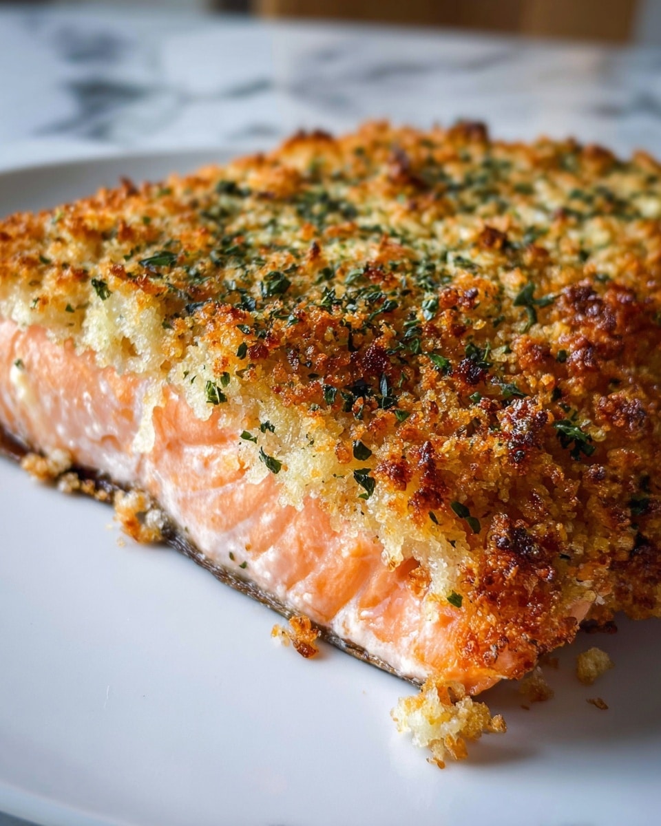 A close-up of a cooked salmon fillet with three visible layers: the bottom layer is the light pink, moist salmon flesh; the middle layer shows a slightly darker pink-orange cooked edge; and the top layer is a thick, crunchy, golden-brown breadcrumb crust with green herb flakes scattered evenly across. The fish sits on a white plate and the background is a white marbled texture. photo taken with an iphone --ar 4:5 --v 7