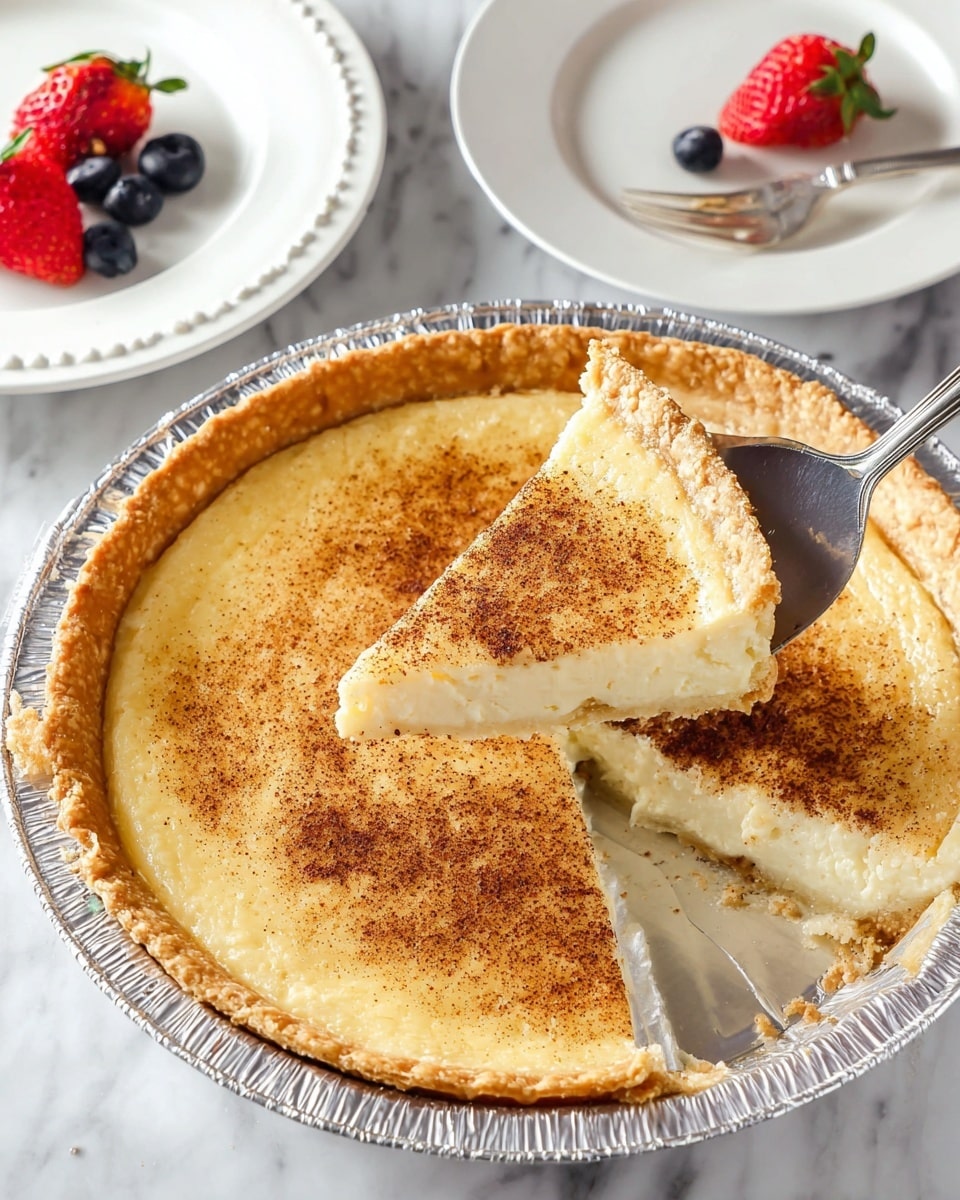 The image shows a partially eaten custard pie in a silver foil pie tin with a thick, golden-brown crust. The pie has two main layers: the bottom is a creamy white custard filling, and the top is lightly browned with a dusting of fine cinnamon or nutmeg. A metal pie server is lifting a missing slice, revealing the smooth texture inside. In the background, there are two white plates with beaded edges, one holding a strawberry and a blueberry, and the other with a small portion of the pie and a strawberry on the side, all placed on a white marbled surface. Photo taken with an iphone --ar 4:5 --v 7