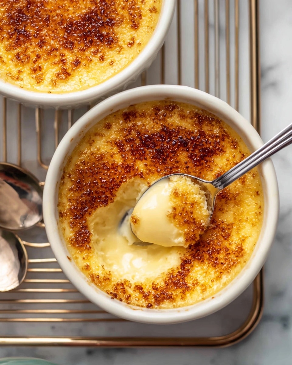 Two white ramekins filled with creamy, pale yellow custard are shown from above, resting on a silver cooling rack over a white marbled surface. The custard has a golden brown, caramelized sugar layer on top, giving it a slightly rough texture. One ramekin has a shiny silver spoon scooping out a portion, revealing the soft, smooth custard underneath the crispy top layer. The overall look is warm and inviting, with a contrast between the crunchy brown crust and the creamy inside. photo taken with an iphone --ar 4:5 --v 7