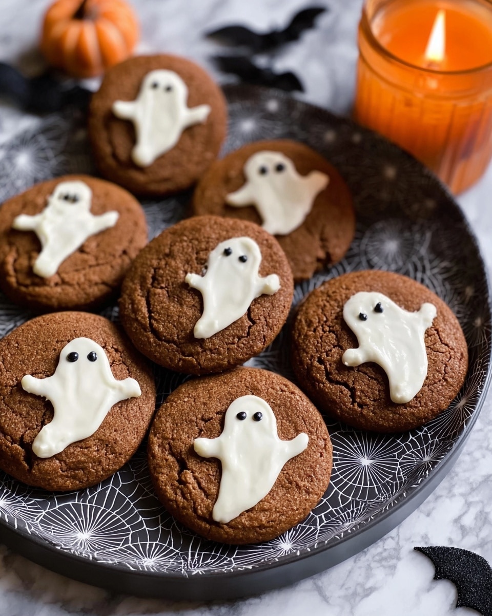 Seven round, brown cookies with a slightly cracked texture sit on a spider-web patterned dark gray tray. Each cookie has one or two small white ghost shapes made of cream, decorated with three tiny black dots as eyes and mouth. The cookies look soft and slightly thick. In the background on the right side, there is an orange pumpkin-shaped candle burning gently. The scene is set on a white marbled surface. Photo taken with an iphone --ar 4:5 --v 7