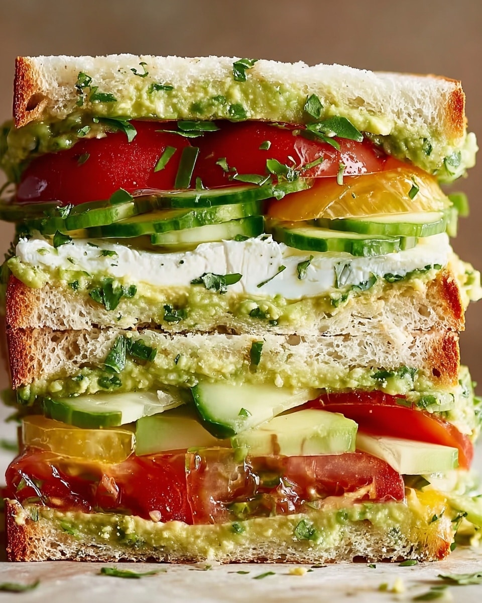The image shows a close-up of a thick sandwich with three layers of soft white bread, each layer thickly spread with green guacamole mixed with bits of fresh herbs. The bottom layer holds slices of bright red tomatoes, pale yellow avocado chunks, and thick cucumber slices, all sprinkled with chopped herbs. The middle layer showcases creamy white cheese slices paired with crisp cucumber slices resting on more guacamole. The top layer of bread is toasted lightly to a golden brown with small green herb pieces scattered on top, completing the fresh, colorful, and textured look of the sandwich. photo taken with an iphone --ar 4:5 --v 7