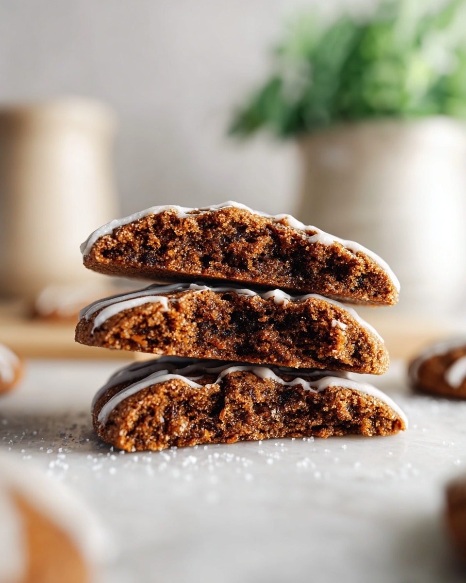 The image shows three soft, dark brown ginger cookies stacked on top of each other at the center, each cookie having a rough, moist texture inside and thin white icing drizzled lightly on top. The cookies are placed on a smooth white marbled surface, with granulated sugar sprinkled around them. In the background, there is a soft blur of neutral colored objects, including a white container with green leaves adding a fresh touch to the scene. Photo taken with an iphone --ar 4:5 --v 7