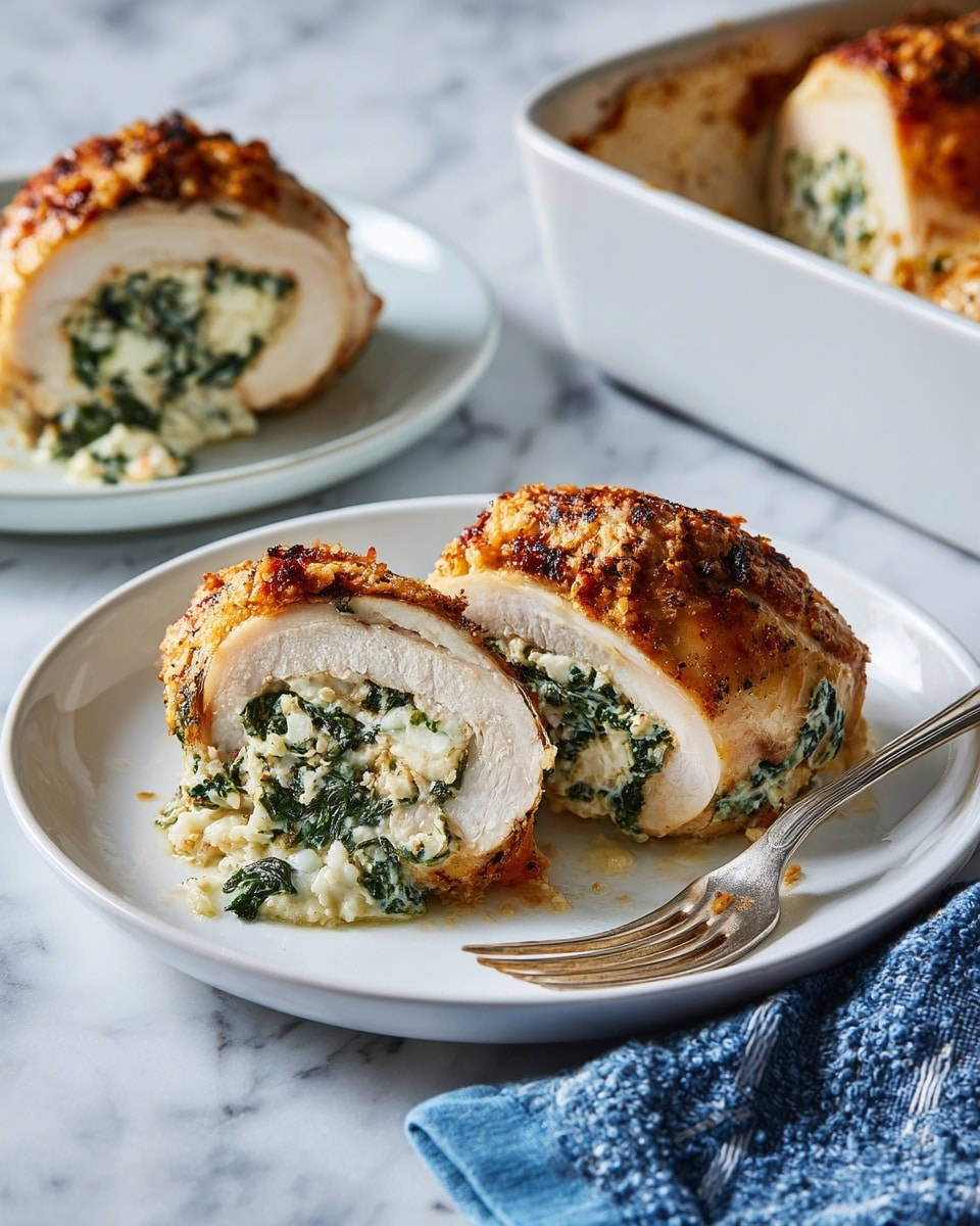A white plate on a white marbled surface holds a stuffed calzone with two distinct layers: the golden-brown, crispy outer dough on the top and bottom, showing some darker toasted spots, and the creamy, cheesy spinach filling packed in the middle, with visible green spinach leaves mixed with white cheese. A silver fork rests to the right side of the calzone on the plate. In the background, there is another white plate with a slice of the same calzone showing the cross-section of the layers, and a white baking dish with more calzones inside. A blue and white cloth is partly visible on the lower right corner. photo taken with an iphone --ar 4:5 --v 7