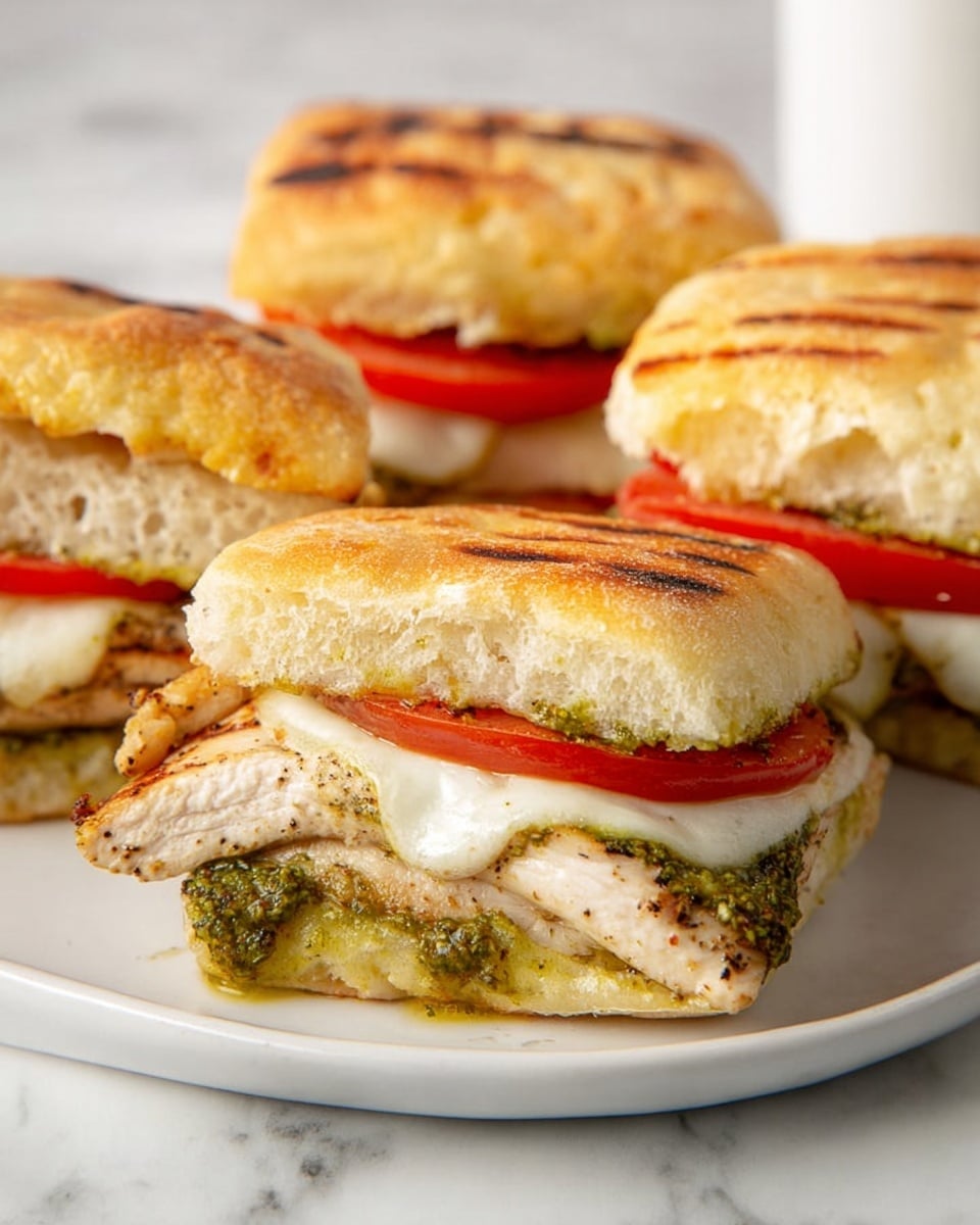 The image shows four grilled chicken sandwiches on a white plate with a white marbled surface underneath. Each sandwich has two layers of golden-brown, slightly toasted ciabatta bread with a soft texture and grill marks on top. The bottom layer holds a piece of light brown grilled chicken breast with visible grill seasoning. Above the chicken, there is a thick slice of red tomato followed by melted white mozzarella cheese. A layer of green pesto sauce with a coarse texture sits on top of the cheese, slightly dripping over the sides. The sandwiches are closely placed, with one sandwich in the front sharply focused and the others softly blurred in the background. photo taken with an iphone --ar 4:5 --v 7