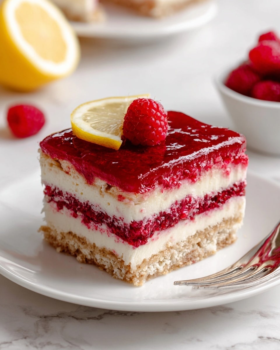 A square slice of layered dessert sits on a white plate on a white marbled surface. The dessert has four main layers: a bottom light brown textured base, followed by a thick white creamy layer, then a bright red raspberry layer with bits of fruit, another thick white creamy layer, and a top shiny ruby red raspberry glaze. On top, a fresh raspberry and a thin lemon slice add color and detail. In the background, a small white bowl holds more raspberries, and a silver fork is partially visible to the right. Photo taken with an iphone --ar 4:5 --v 7