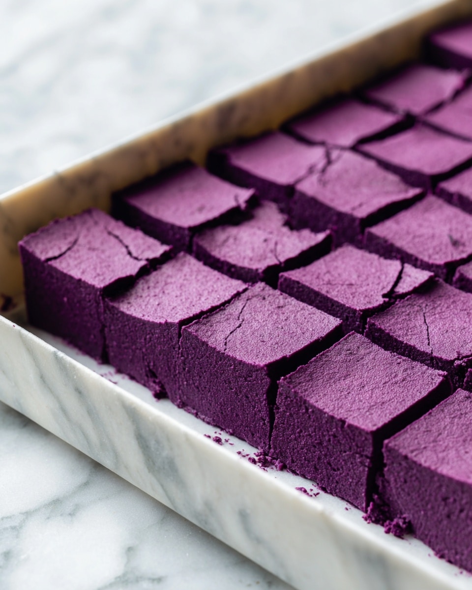 The image shows a rectangular tray filled with a single thick layer of dark purple cake cut into small square pieces. Each square has a slightly cracked and textured surface with a matte finish. The cake edges are clean and straight, revealing a consistent purple color throughout. The tray is placed on a white marbled surface, with the bottom right corner pieces slightly uneven. Photo taken with an iphone --ar 4:5 --v 7