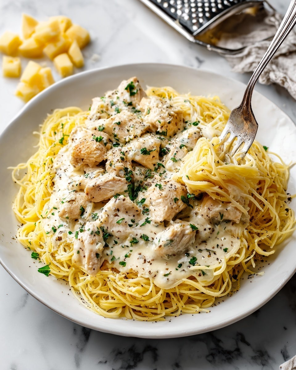 A white plate filled with thin yellow spaghetti noodles forming a loose nest shape as the first layer. The second layer is creamy white sauce coated generously over chicken pieces that are light beige with a slightly browned texture. Small green parsley flakes are sprinkled on top, along with a dusting of black pepper. A silver fork is poking into the right side of the noodles, lifting some strands covered with sauce. The scene is set on a white marbled surface with a metal grater and small yellow chunks of cheese in the background. photo taken with an iphone --ar 4:5 --v 7