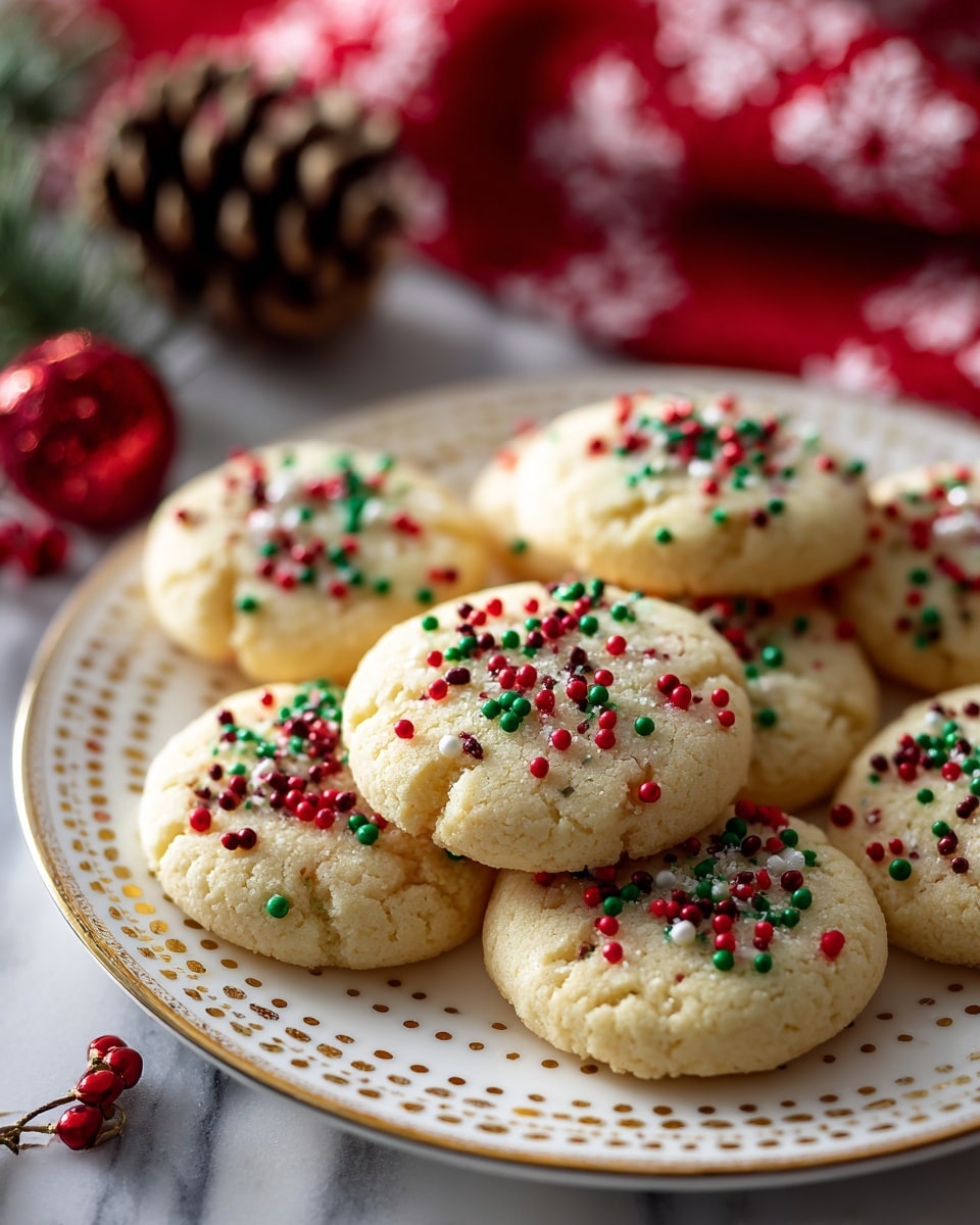 A close-up view of round, pale yellow shortbread cookies arranged closely on a white plate with a gold dotted rim, each cookie topped with small red, green, and white round sprinkles and faint fork marks on the surface, set against a soft-focus background featuring a red patterned cloth and pinecones on a white marbled texture. photo taken with an iphone --ar 4:5 --v 7