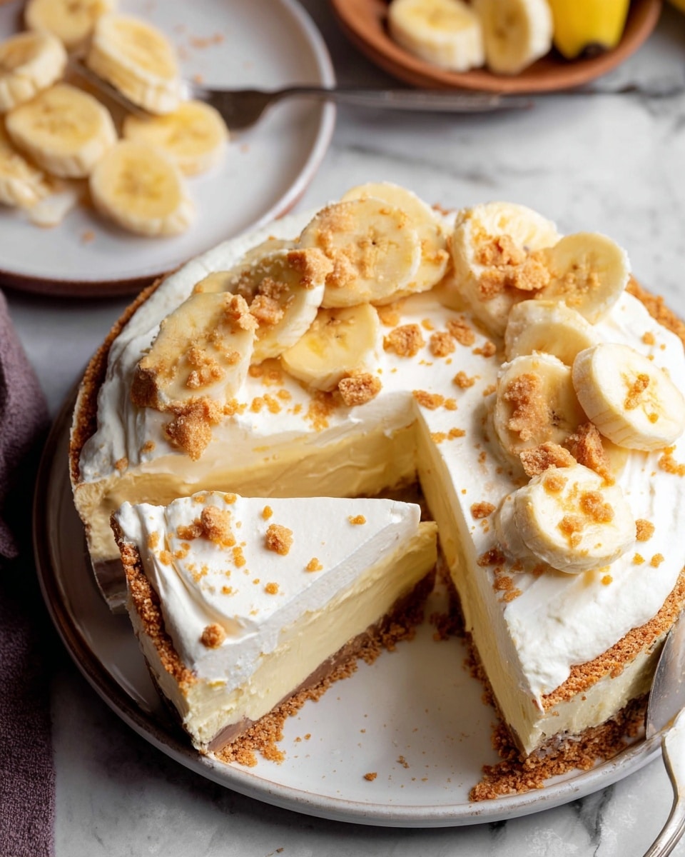The image shows a creamy banana cream pie sliced into pieces on a white plate, placed on a white marbled texture. The pie has three visible layers: a crumbly golden-brown crust on the bottom, a thick pale yellow banana custard in the middle, and a thick layer of smooth white whipped cream on top. The surface is decorated with banana slices evenly spread out and sprinkled with small pieces of crushed cookies for texture. A fork is placed at the top near one of the slices, and in the background, a white plate with more banana slices is slightly visible. Photo taken with an iphone --ar 4:5 --v 7