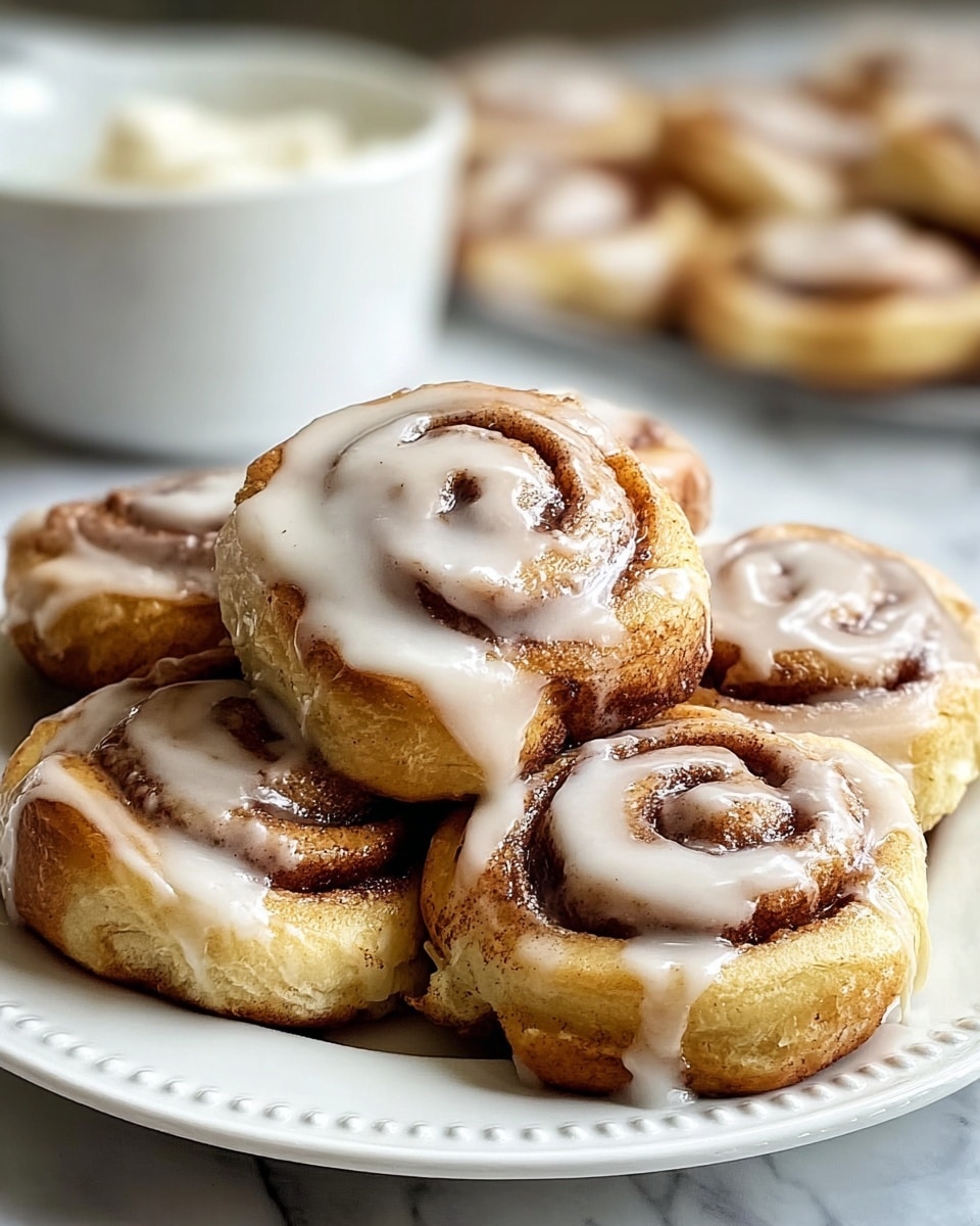 A pile of small cinnamon rolls sits on a white plate with a detailed edge. Each roll shows a light golden-brown outer dough with a darker, cinnamon-sugar filled spiral inside. A thick layer of white icing drips over the top, coating parts of the cinnamon swirl and some edges. The rolls look soft and slightly glossy from the icing. In the background, a white bowl with more creamy white icing is blurred against a white marbled surface. photo taken with an iphone --ar 4:5 --v 7