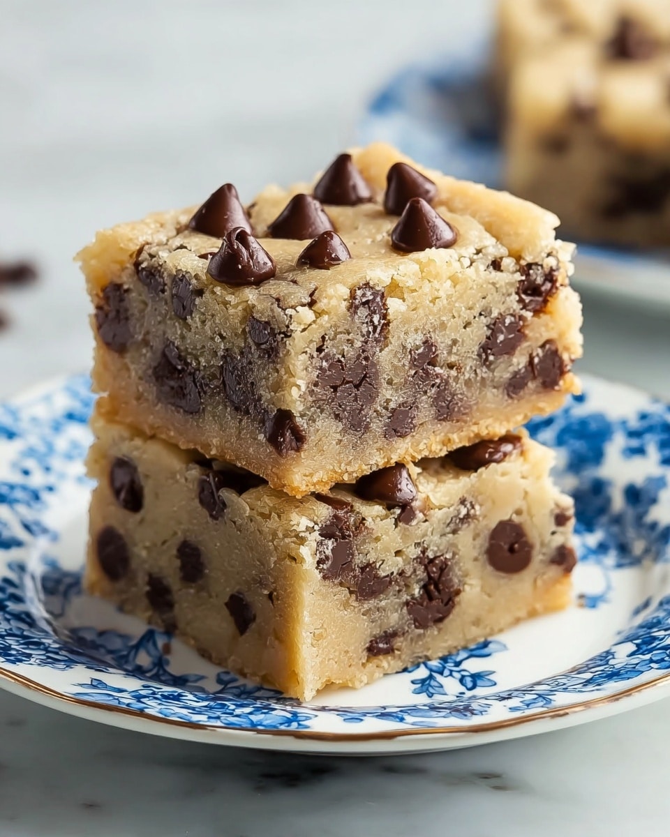 Two thick square pieces of soft cookie dough stacked on top of each other in the center of a white plate with blue floral patterns. Both layers have a light golden brown color with many dark brown chocolate chips inside and on the surface. The top layer has a smooth texture with chocolate chips slightly melted, some forming small peaks. The plate is set against a white marbled surface. photo taken with an iphone --ar 4:5 --v 7