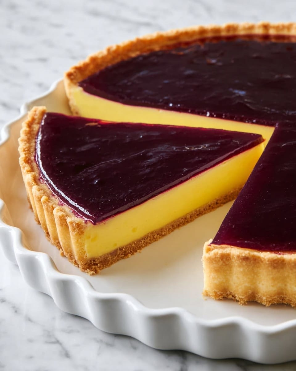 A tart with three clear layers is shown; the bottom layer is a light brown, firm crust with a slightly crumbly texture and raised edges forming the tart shell. Above it, there is a thick, smooth yellow custard layer that looks creamy and dense. The top layer is a dark purple, glossy fruit jelly that covers the custard evenly and shines under the light. One slice is slightly lifted showing the clean separation of the three layers inside the white tart dish with ruffled edges, placed on a white marbled surface. Photo taken with an iphone --ar 4:5 --v 7