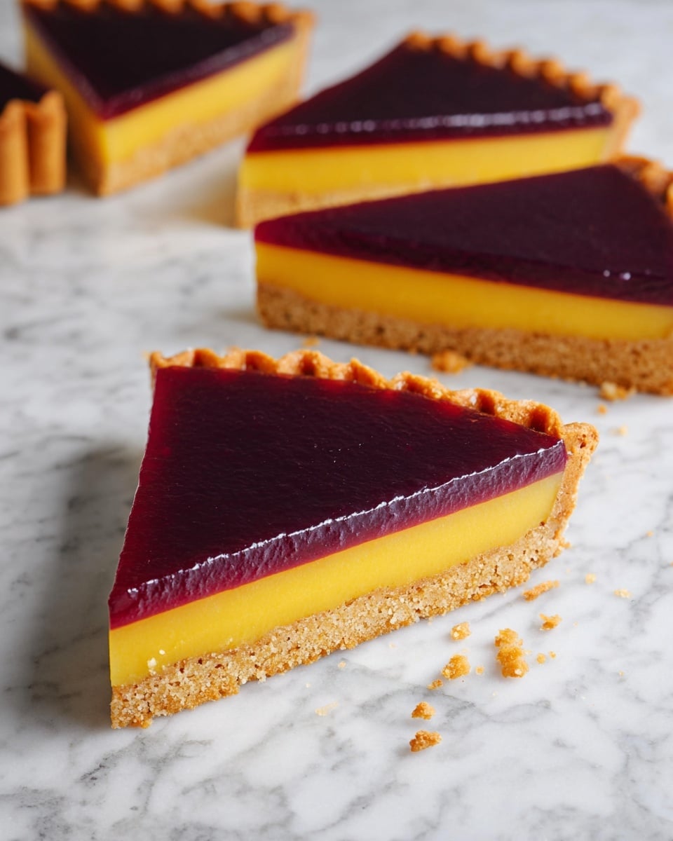 A close-up view of a tart cut into three pieces placed on a white marbled surface, showcasing three distinct layers; the bottom layer is a crumbly, light brown crust with a firm texture, the middle layer is smooth and bright yellow, and the top layer is a glossy, deep purple jelly that looks shiny and slightly thick. The tart edges have a slightly ridged pattern, and the slices are arranged in a way that one slice is in the front and two others are placed in the back, with some crumbs scattered around. photo taken with an iphone --ar 4:5 --v 7