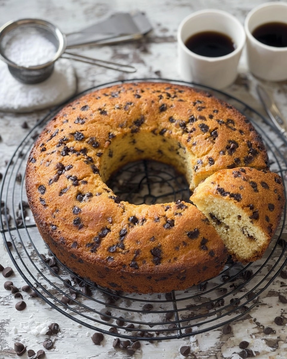 A round, golden brown cake with a rough, crumbly texture sits on a black cooling rack. The cake is studded with small, dark chocolate chips evenly spread throughout, giving it a speckled appearance. The top is slightly cracked with a bumpy uneven surface, showing a soft interior beneath the crust. The cake has a large hole in the center, making it a ring shape. The background is a white marbled texture with scattered chocolate chips and two white cups filled with black coffee below the rack. A small sifter with white powdered sugar and a silver knife are placed above the cake. photo taken with an iphone --ar 4:5 --v 7