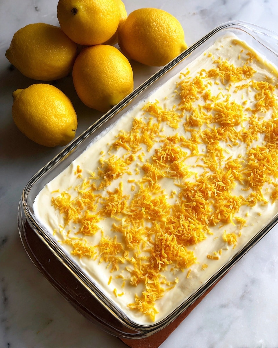 A transparent rectangular glass dish filled with a smooth, thick layer of pale yellow cream evenly spread on top, sprinkled generously with fine yellow-orange grated cheese that adds a textured look across the entire surface, set on a white marbled background with whole yellow lemons and partially visible white containers with green and yellow labels nearby, photo taken with an iphone --ar 4:5 --v 7