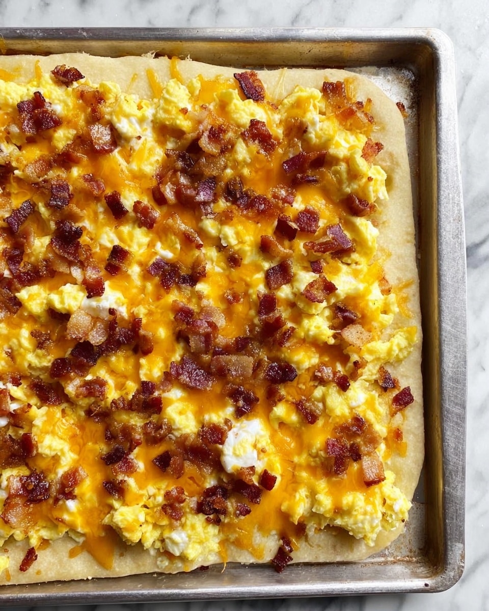 The image shows a rectangular breakfast pizza on a metal baking tray with three distinct layers. The bottom layer is a thick, golden-baked dough crust with a smooth texture. The middle layer consists of fluffy, scrambled eggs spread evenly across the crust, their soft texture and pale yellow color clearly visible. The top layer is a mix of crispy bacon pieces scattered unevenly and melted cheddar cheese, which is a bright orange-yellow color, melted to form gooey patches and some golden spots. The tray rests on a white marbled surface. Photo taken with an iphone --ar 4:5 --v 7