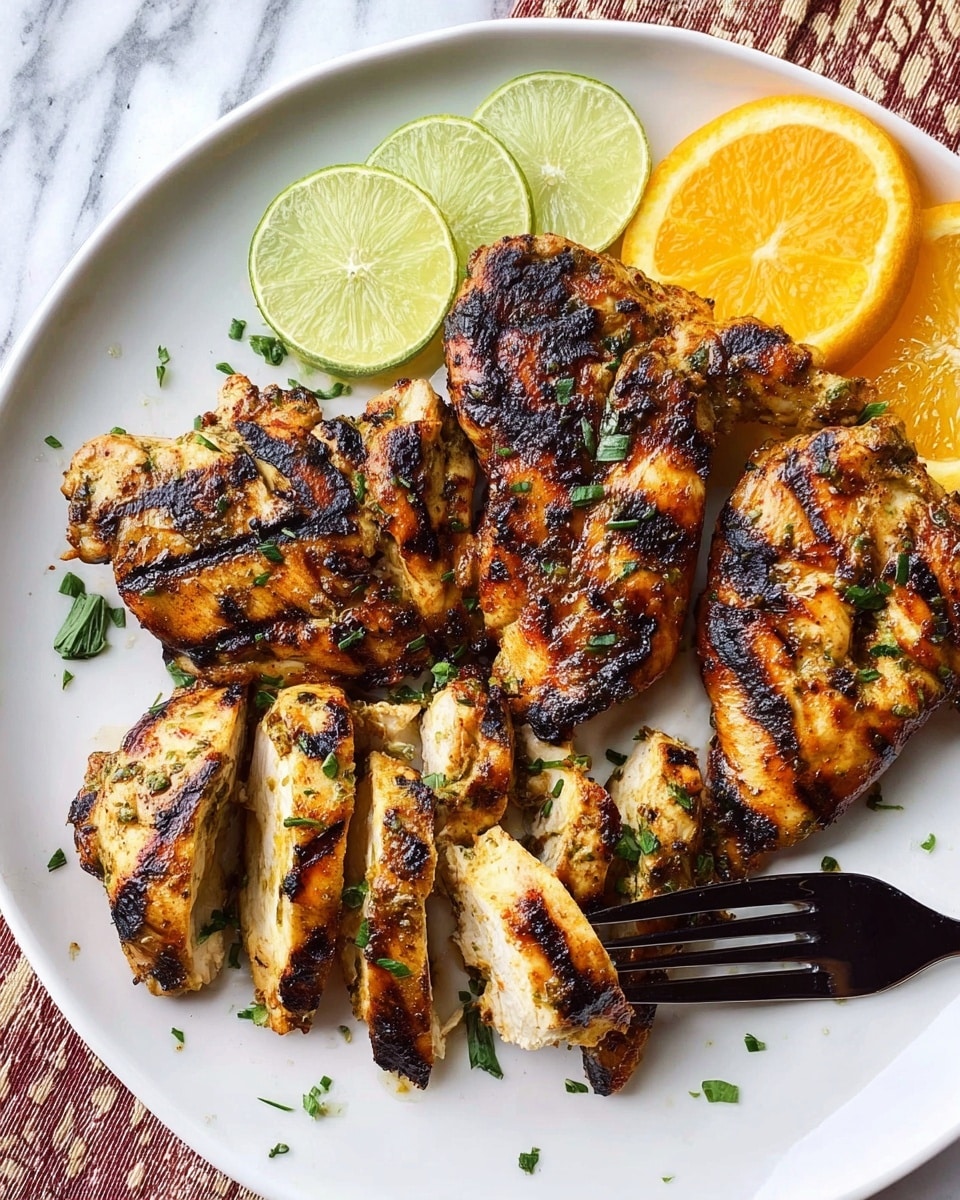 A white plate holds several pieces of grilled chicken with dark char marks and a golden-brown color, showing a juicy texture. Some chicken pieces are sliced into strips revealing a light inside with specks of green herbs. Lime slices with pale green skin are placed on the left side of the plate, while a couple of orange slices with bright orange color rest at the top right. The chicken is sprinkled with small bits of chopped green herbs. A black fork is seen on the bottom right, touching a piece of chicken. The whole setting is on a white marbled surface. photo taken with an iphone --ar 4:5 --v 7